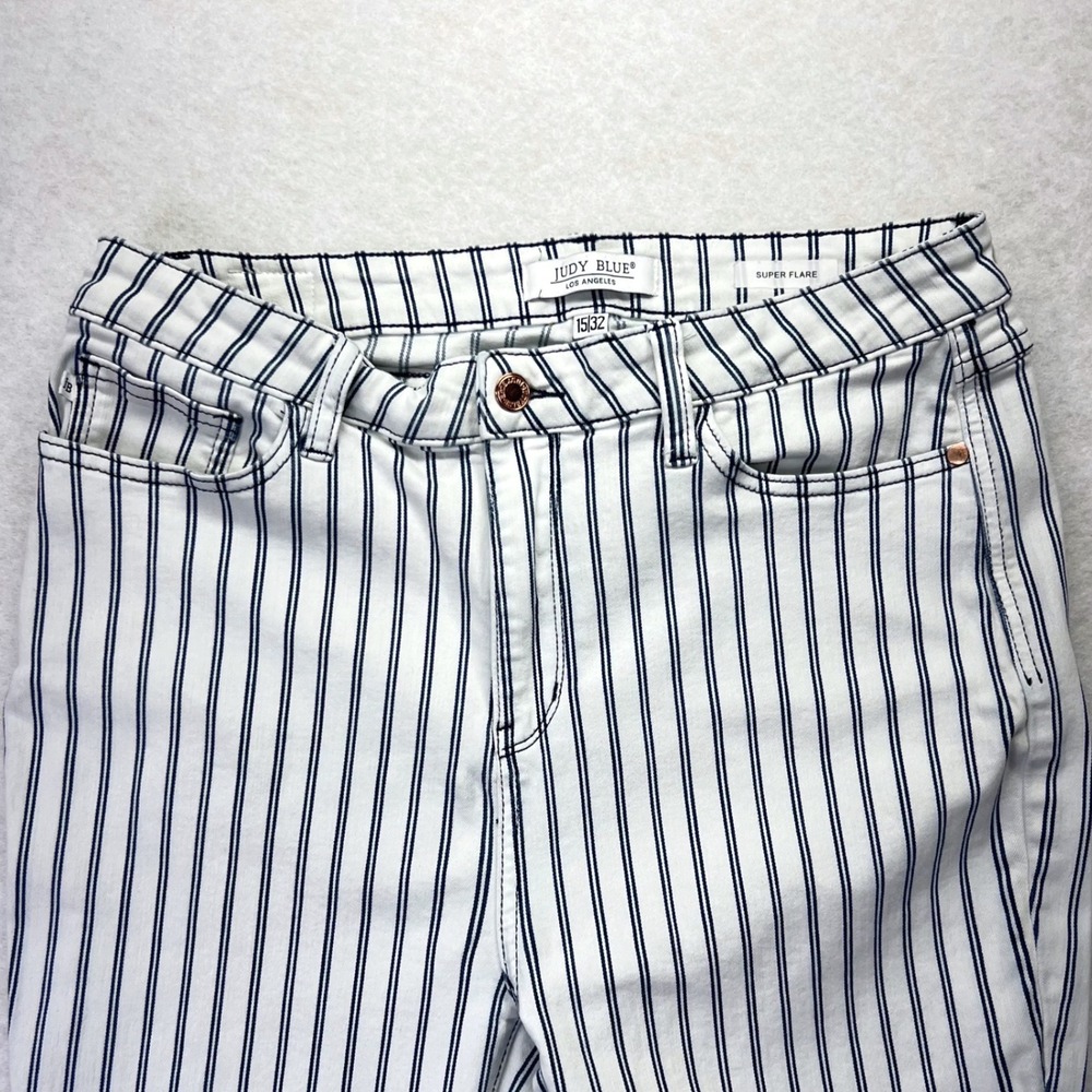 Judy Blue Super Flare Jeans Womens 15/32 White Navy Striped High Rise Western - Picture 5 of 16